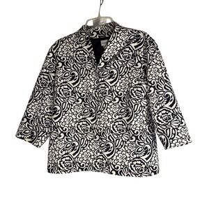 Chico's Black and White Floral Patterned Button Front jacket 14/16 Cotton & Silk
